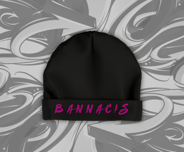 Bannacis black beanie hat front with purple text