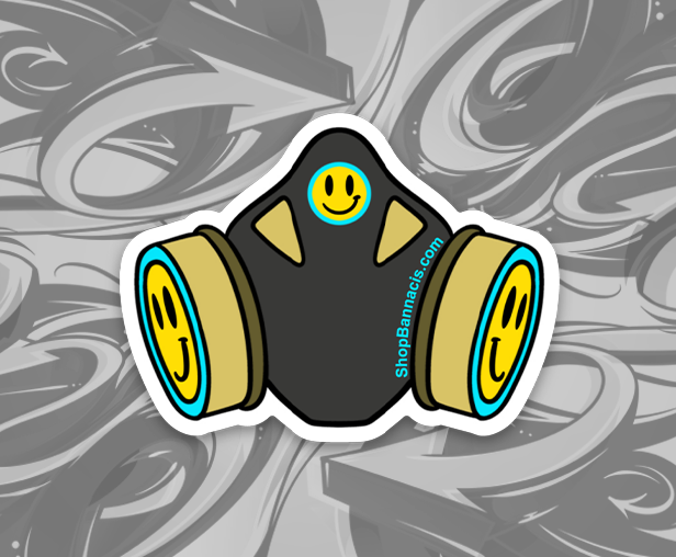 sticker of a gas mask with smiley faces