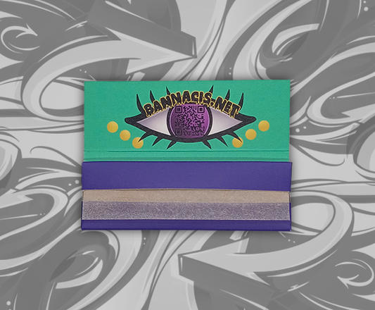 inside view of purple and green pack of rolling papers